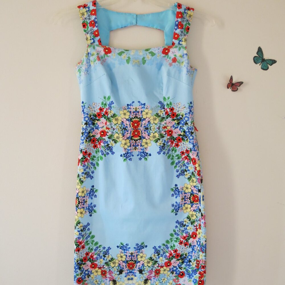 Roz & Ali Blue Cotton Floral Shift Midi Graduation Cocktail Fun Dress Size 4